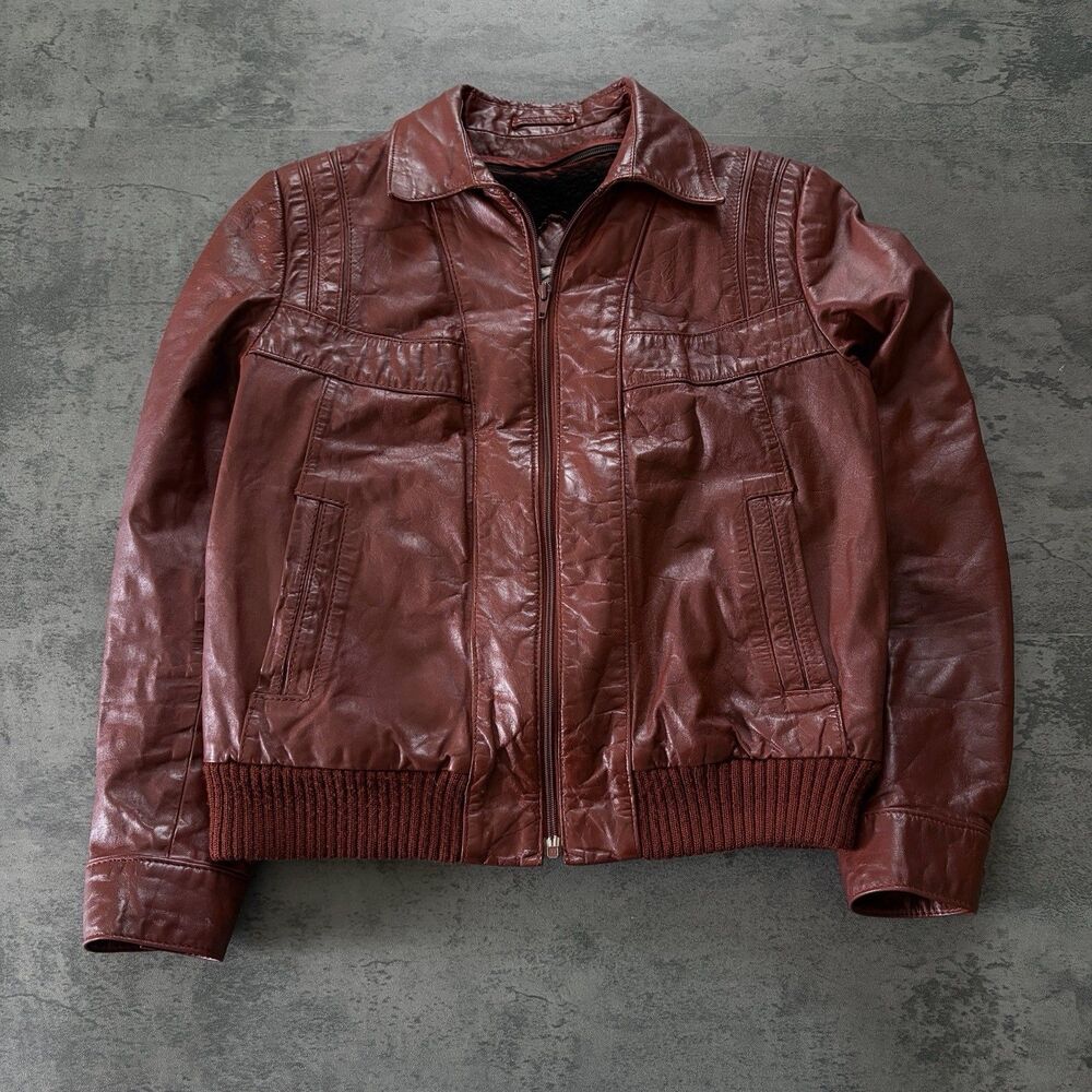 Vintage 70s-80s Berman’s Leather Burgundy Bomber Jacket Womens S Zip Out Liner